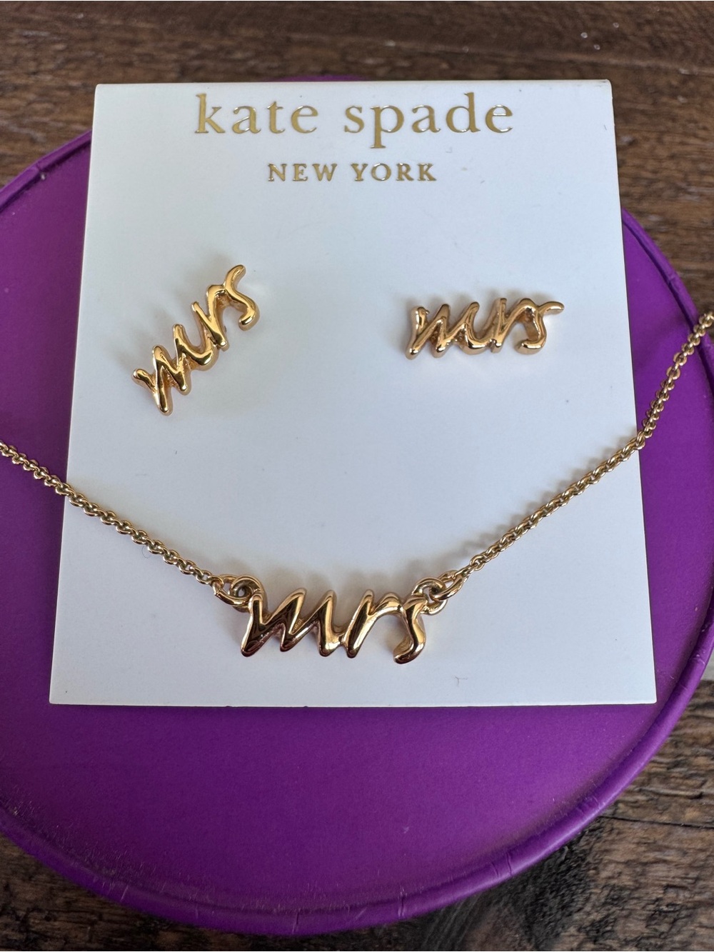 kate spade Gold "Mrs" Script Necklace and Earrings Set